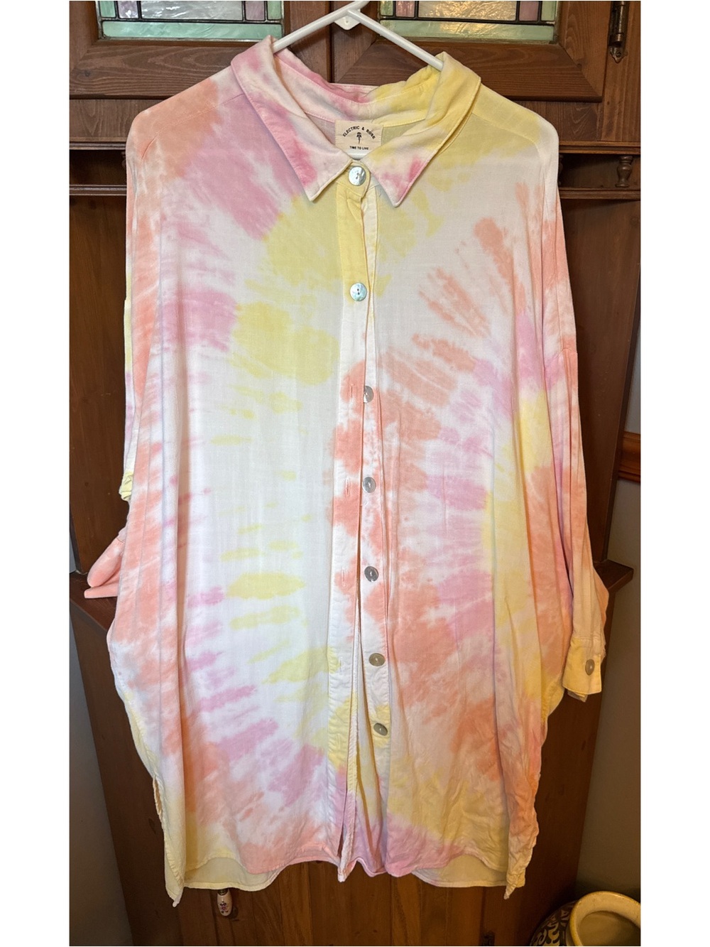 Electric & Rose  Prism hand tie-dyed Seaside Coverup Beach oversized Shirt XS/S - Picture 2 of 10